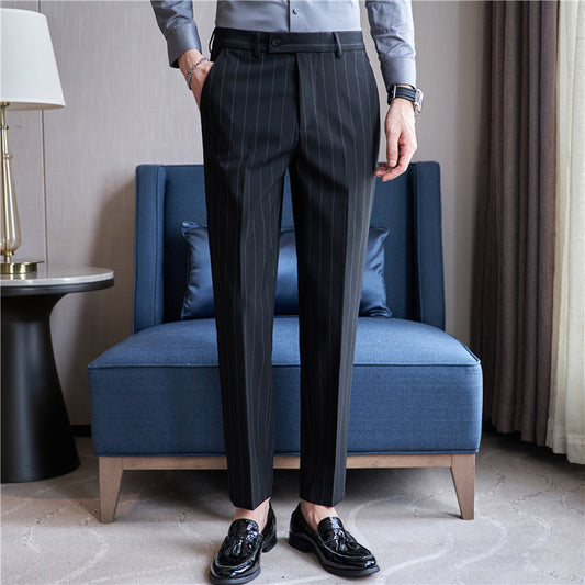 Pantalon de costume pour homme à texture rayée légère teint en fil extensible et décontracté